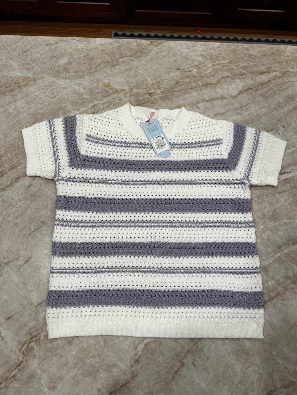 Kids Crochet Stripe Short-Sleeve Top - White & Lavender